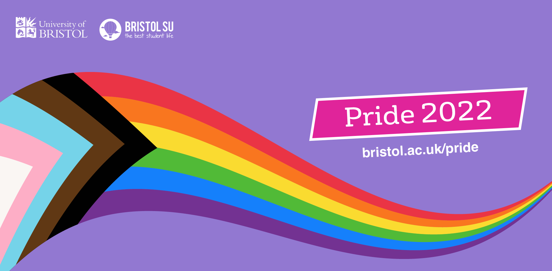 Pride 2022 at the University of Bristol banner, featuring a stylisation of the Pride flag.